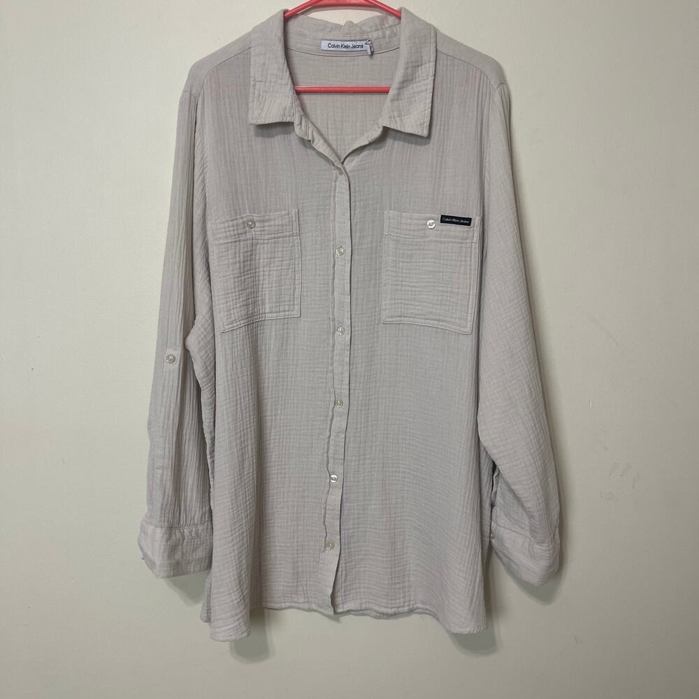 Calvin Klein Jeans Women's Plus Size Button Up‎ Shirt Cotton Shirt Beige 2X - Picture 2 of 12